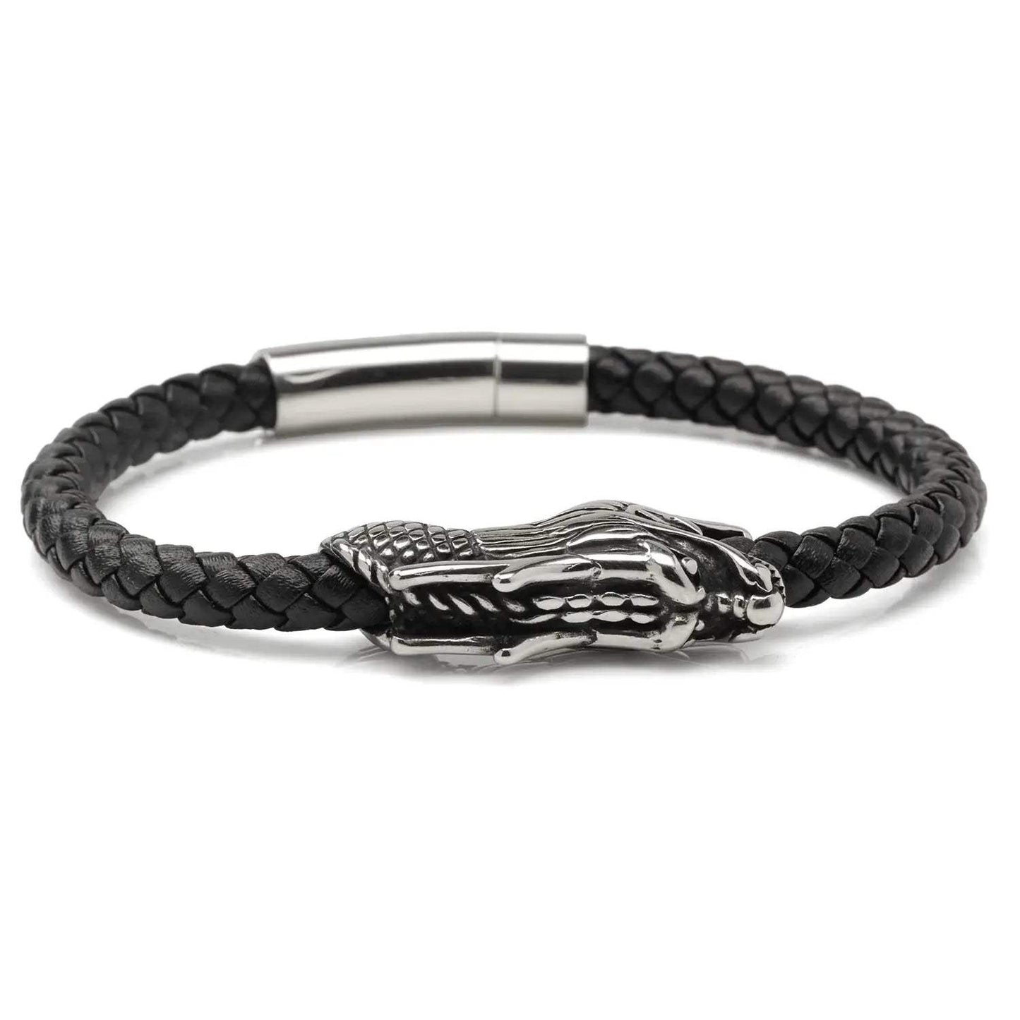 Dragon Head Braided Black Leather Bracelet with Magnetic Closure - Cufflinks.com - Flyclothing LLC