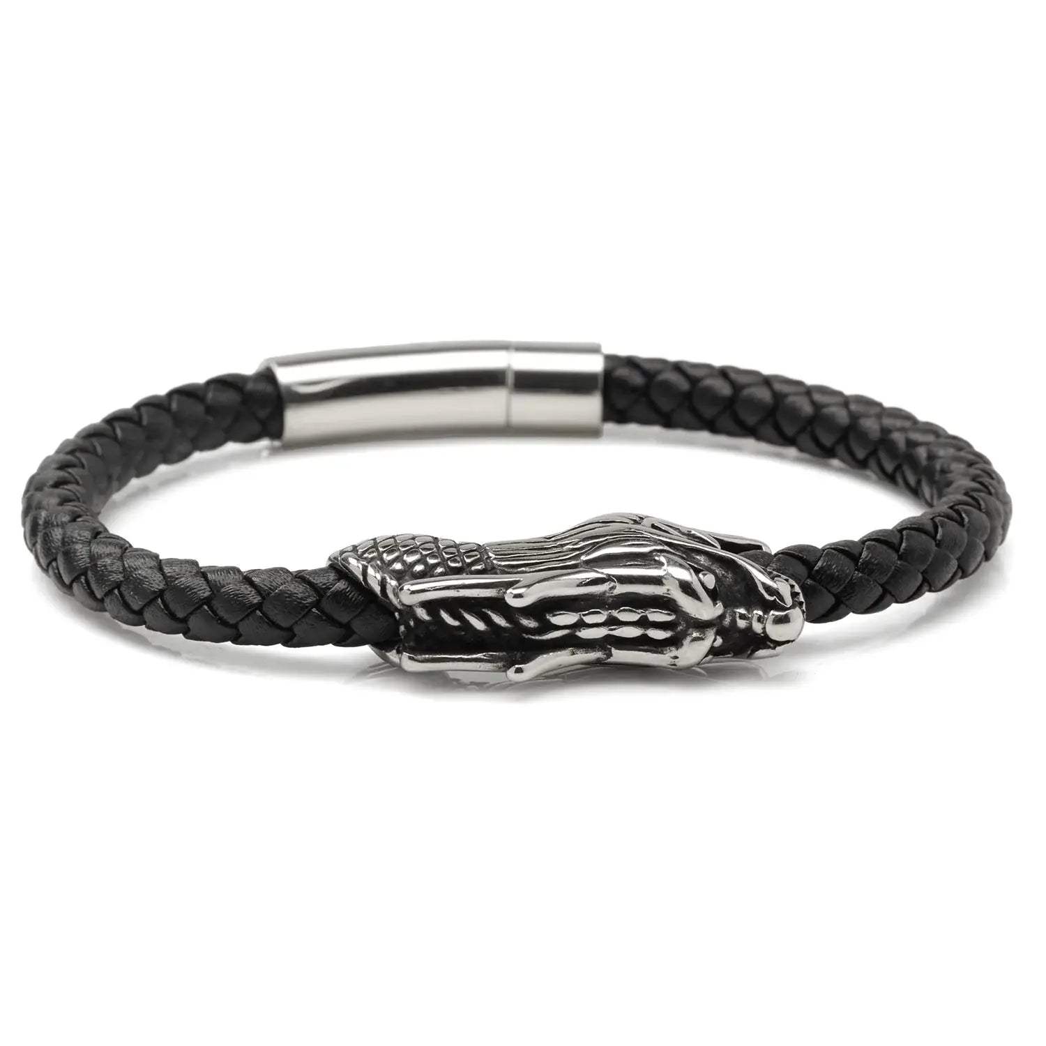 Dragon Head Braided Black Leather Bracelet with Magnetic Closure - Cufflinks.com - Flyclothing LLC