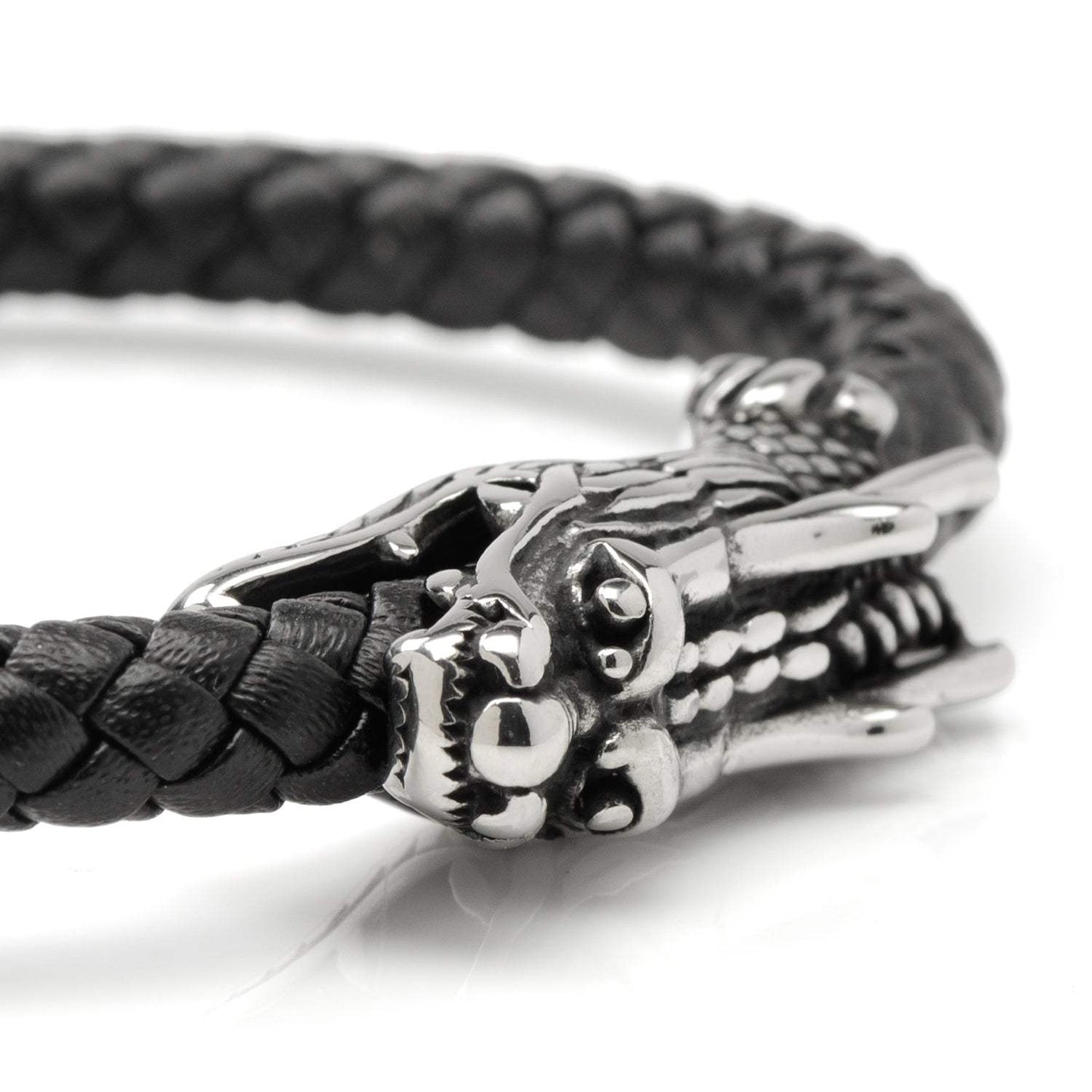 Dragon Head Braided Black Leather Bracelet with Magnetic Closure - Cufflinks.com - Flyclothing LLC