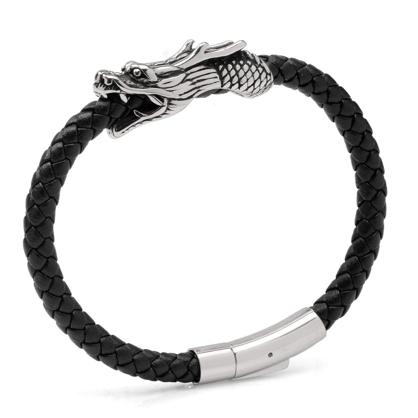 Dragon Head Braided Black Leather Bracelet with Magnetic Closure - Cufflinks.com - Flyclothing LLC