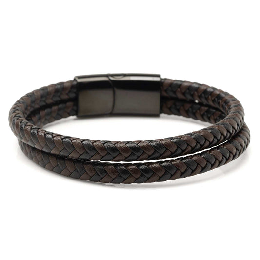 Black and Brown Braided Leather Bracelet with Gunmetal Stainless Steel Magnetic Clasp - Cufflinks.com - Flyclothing LLC