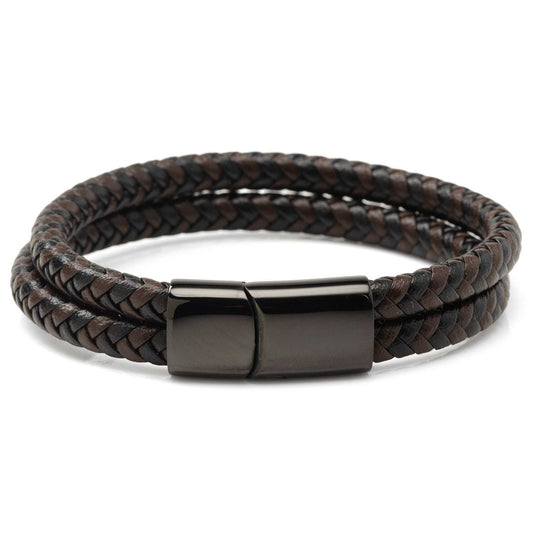Black and Brown Braided Leather Bracelet with Gunmetal Stainless Steel Magnetic Clasp - Cufflinks.com - Flyclothing LLC