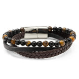 Stainless Steel Stacked Brown Leather Bracelet with Tigers Eye - Cufflinks.com - Flyclothing LLC