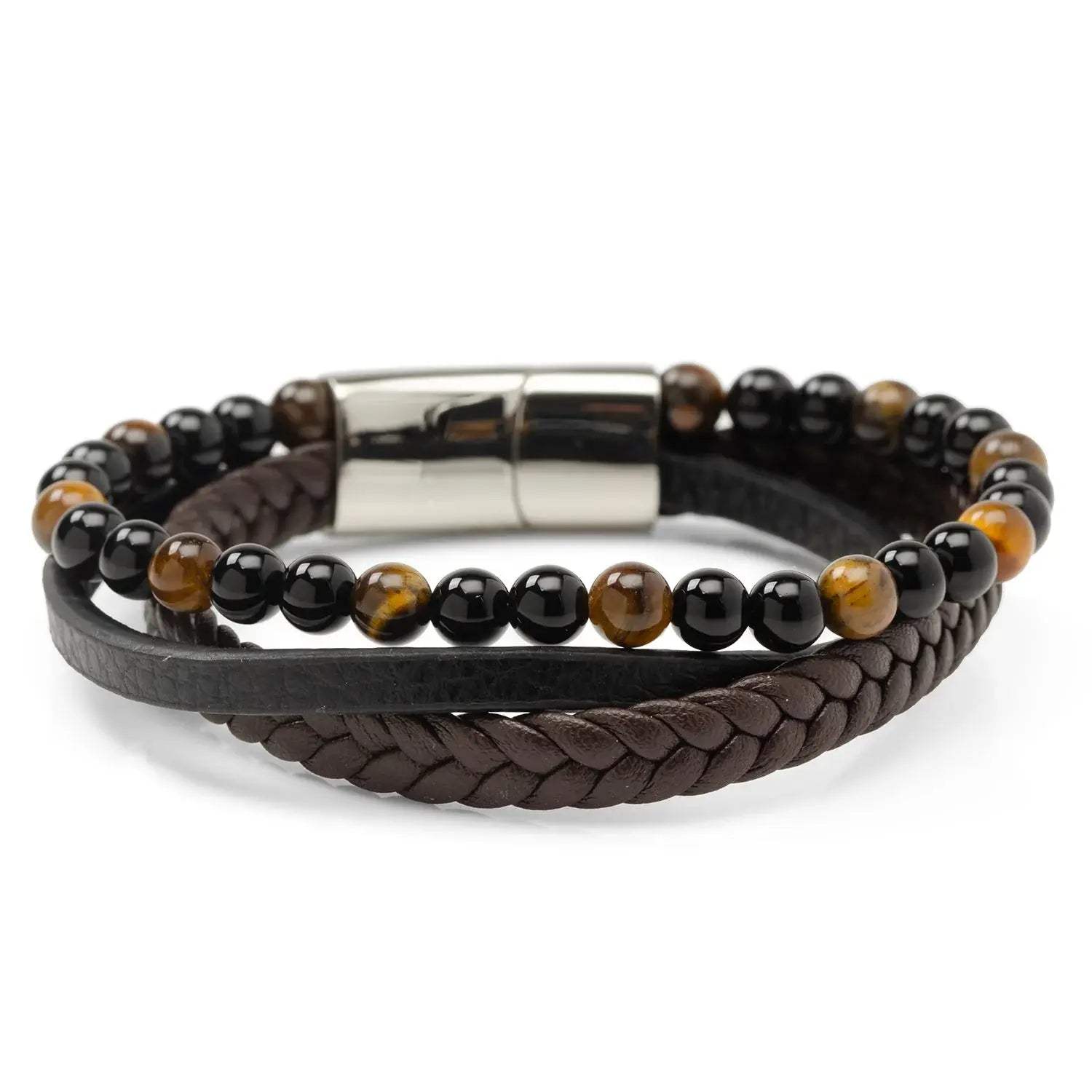Stainless Steel Stacked Brown Leather Bracelet with Tigers Eye - Cufflinks.com - Flyclothing LLC