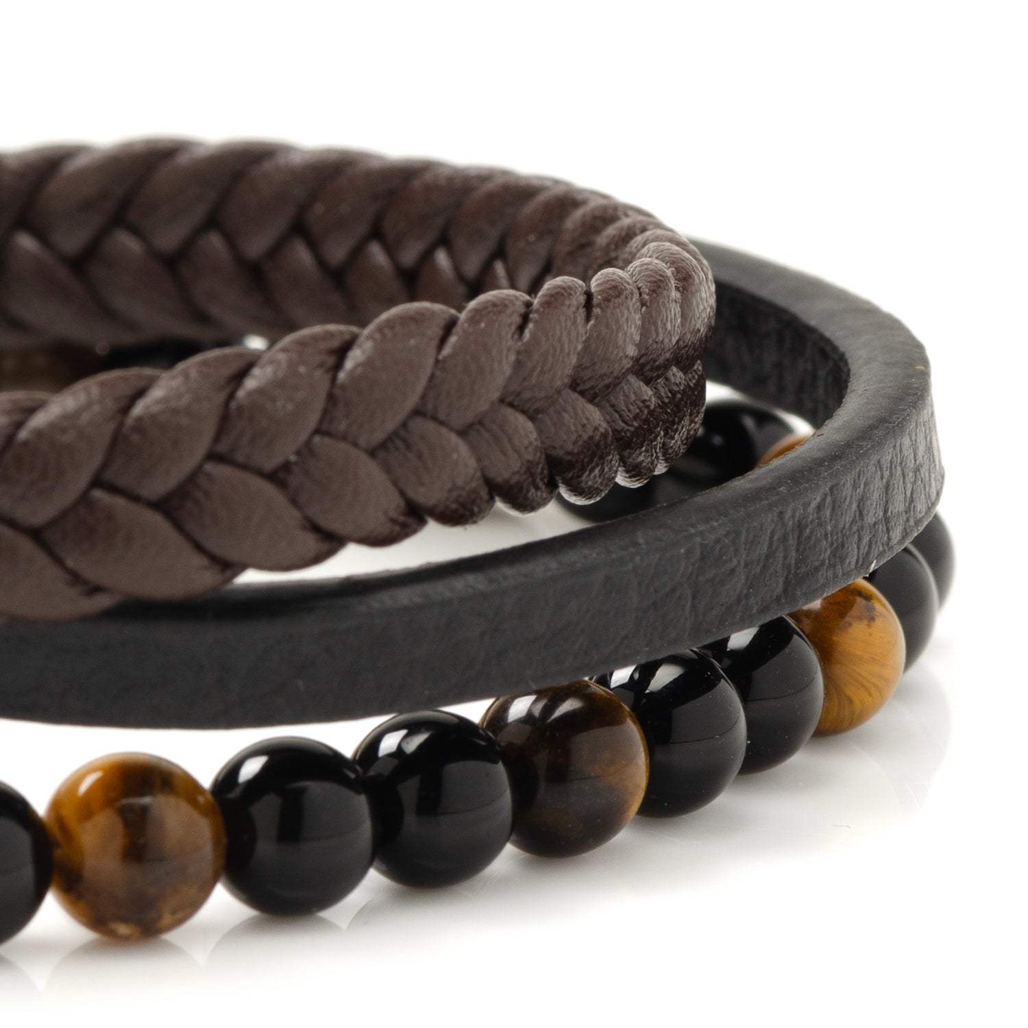 Stainless Steel Stacked Brown Leather Bracelet with Tigers Eye - Cufflinks.com - Flyclothing LLC