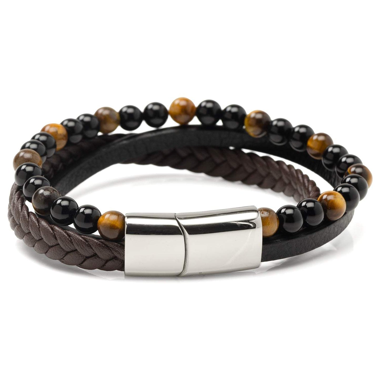 Stainless Steel Stacked Brown Leather Bracelet with Tigers Eye - Cufflinks.com - Flyclothing LLC