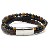Stainless Steel Stacked Brown Leather Bracelet with Tigers Eye - Cufflinks.com - Flyclothing LLC