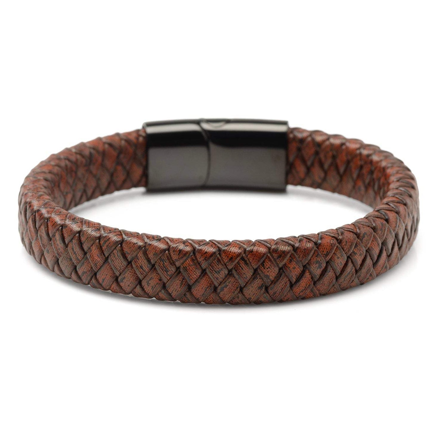 Red Brown Braided Leather Bracelet with Gunmetal Stainless Steel Magnetic Clasp - Cufflinks.com - Flyclothing LLC
