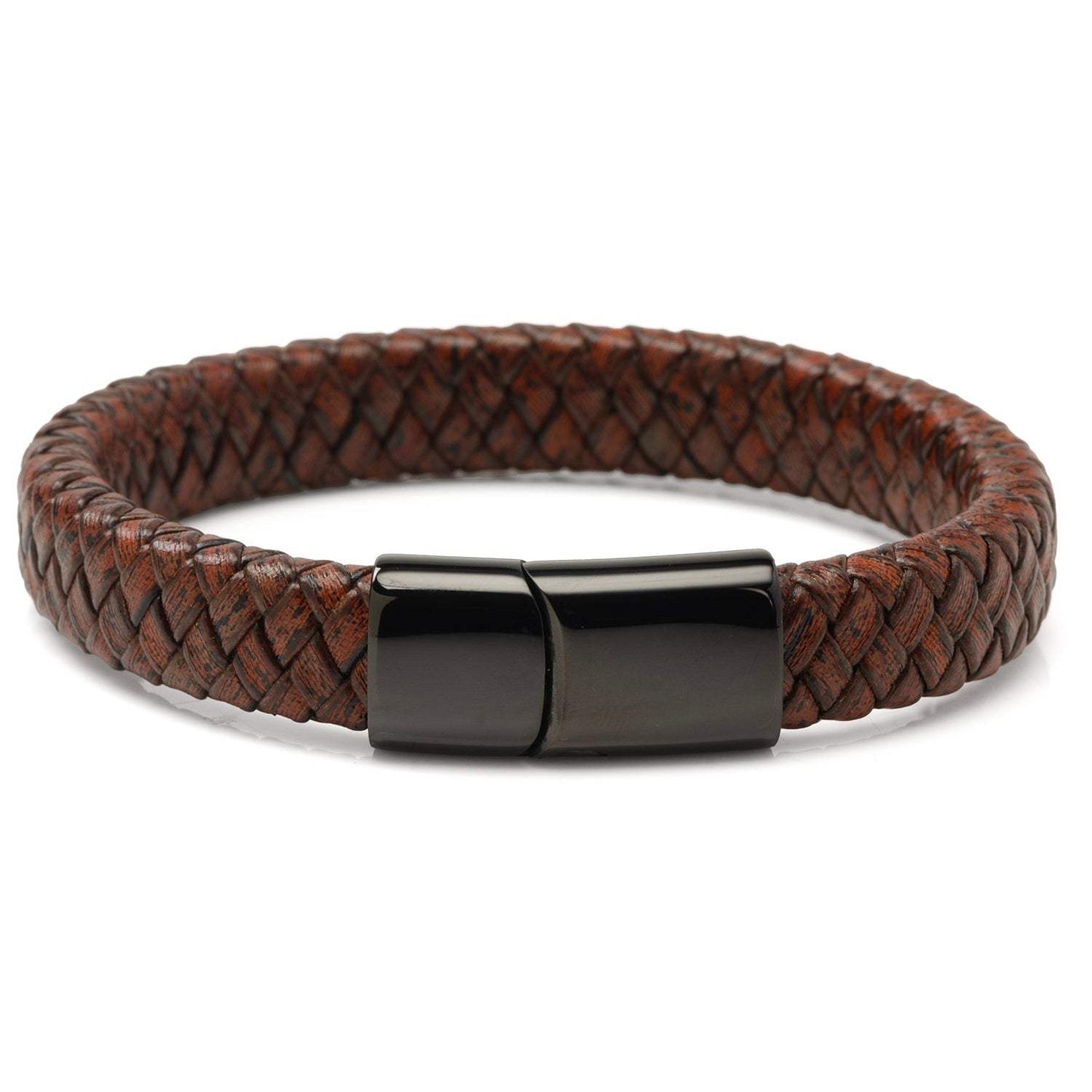 Red Brown Braided Leather Bracelet with Gunmetal Stainless Steel Magnetic Clasp - Cufflinks.com - Flyclothing LLC