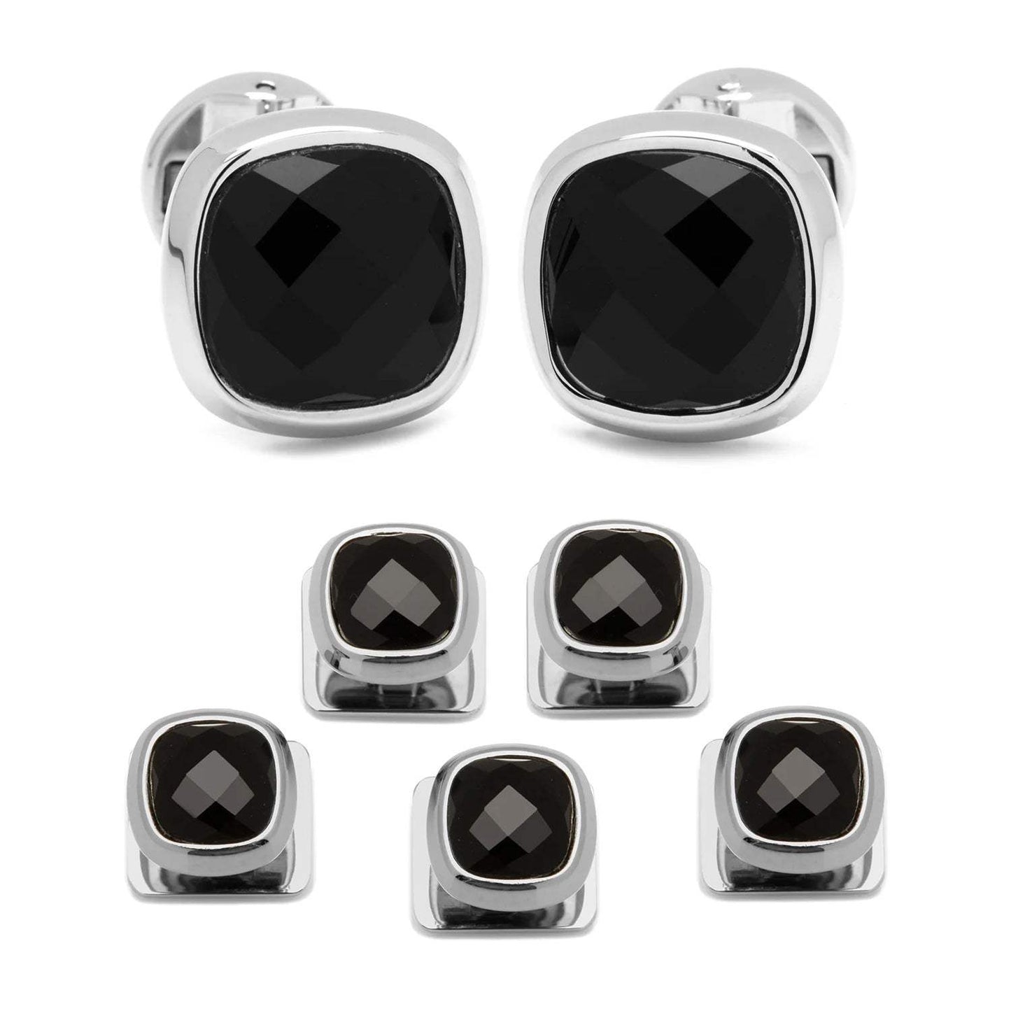 Faceted Onyx Cushion Stainless Steel 5-Stud Set - Cufflinks.com - Flyclothing LLC