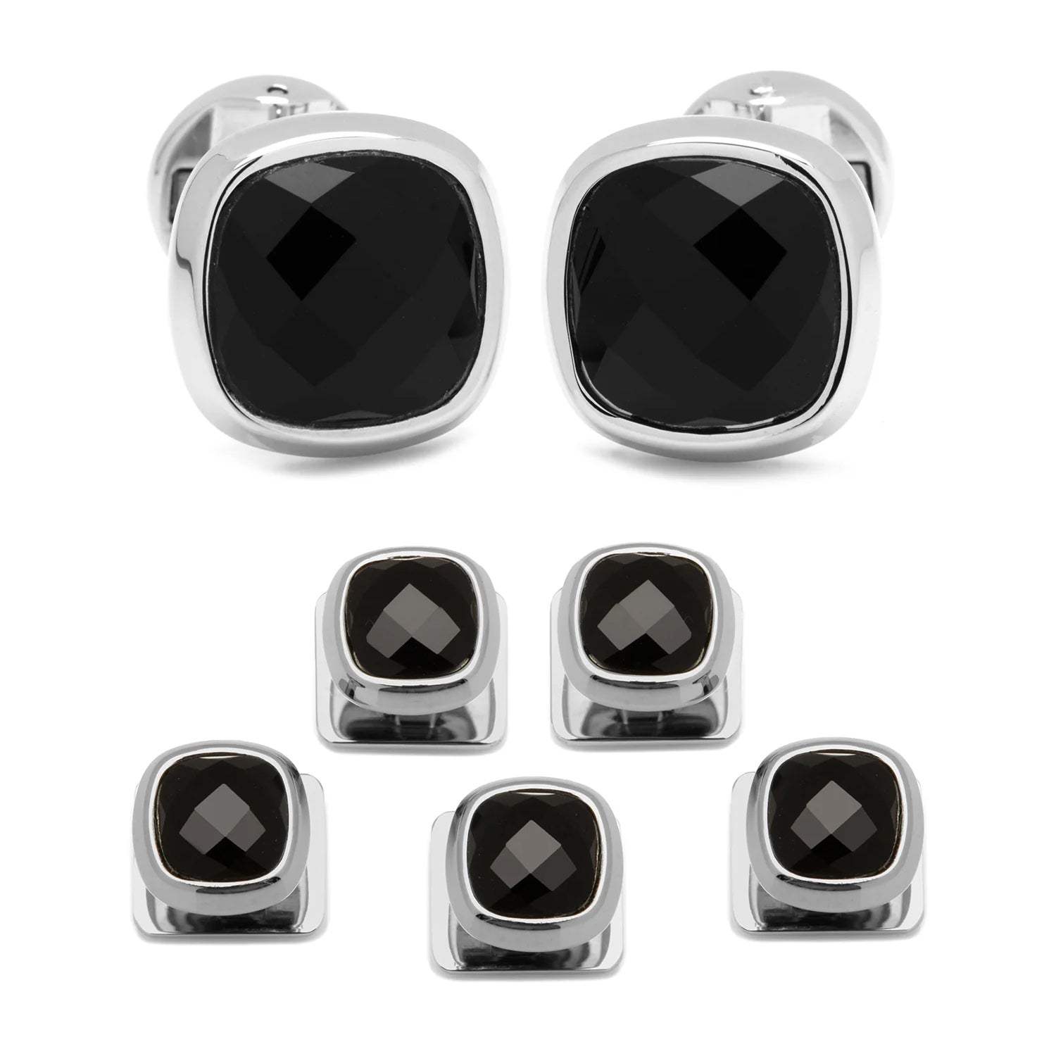 Faceted Onyx Cushion Stainless Steel 5-Stud Set - Cufflinks.com - Flyclothing LLC