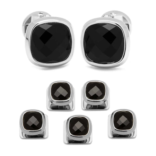 Faceted Onyx Cushion Stainless Steel 5-Stud Set - Cufflinks.com - Flyclothing LLC