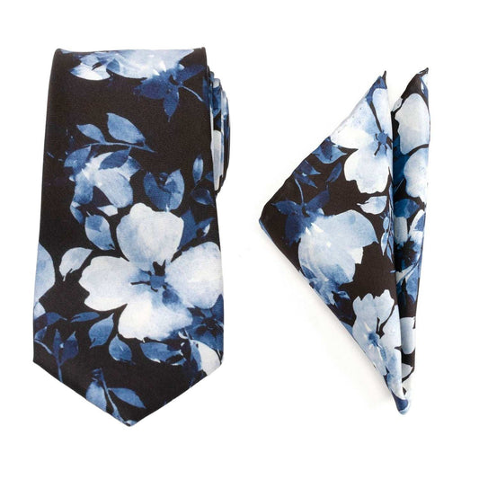 Painted Floral Blue Necktie and Pocket Square Gift Set - Cufflinks.com - Flyclothing LLC