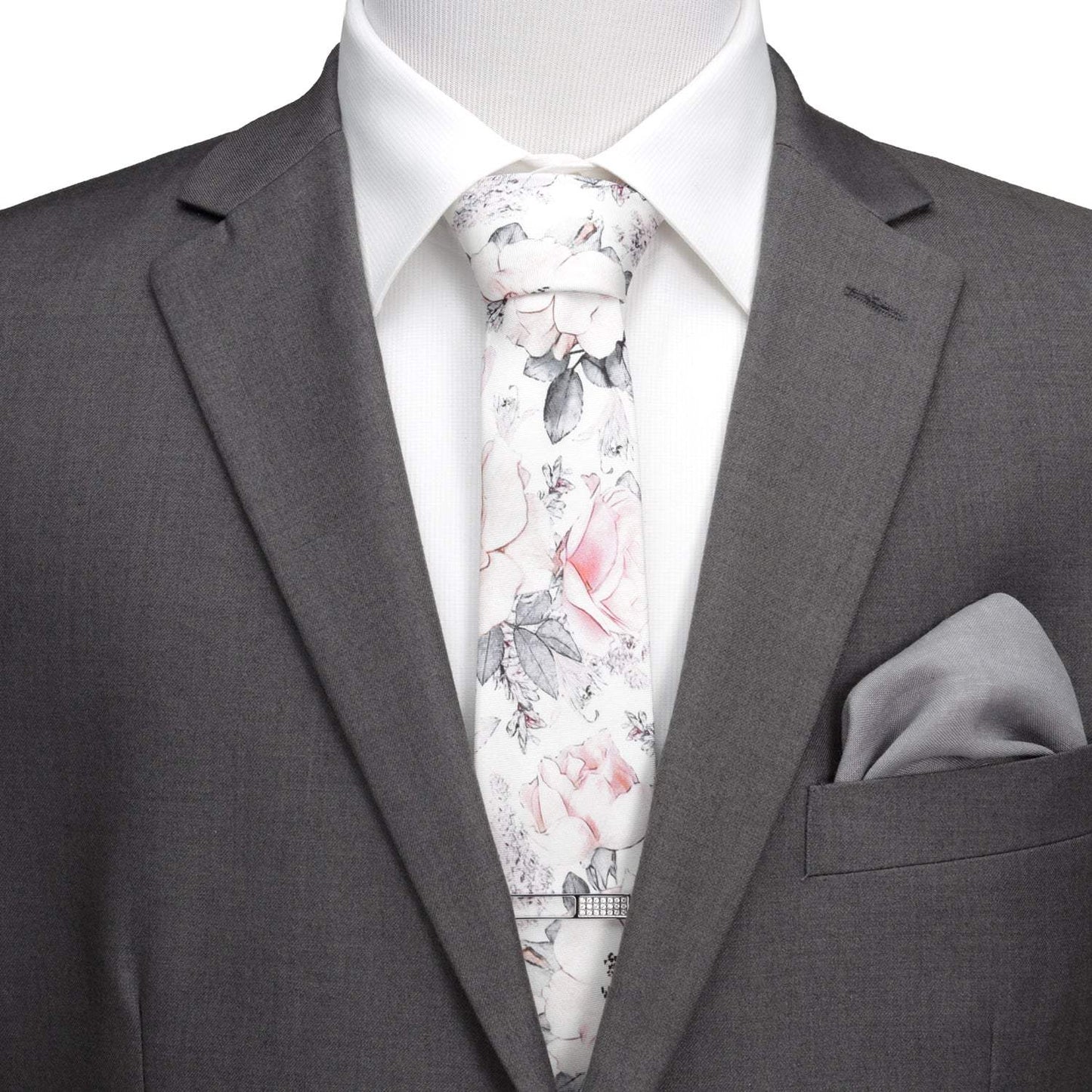 Painted Floral Gray Necktie and Pocket Square Gift Set - Cufflinks.com - Flyclothing LLC