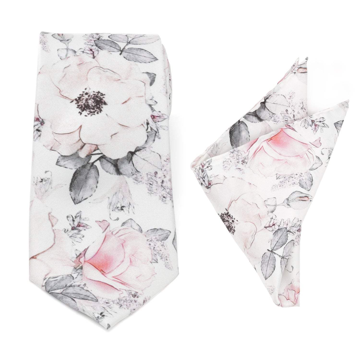 Painted Floral Gray Necktie and Pocket Square Gift Set - Cufflinks.com - Flyclothing LLC