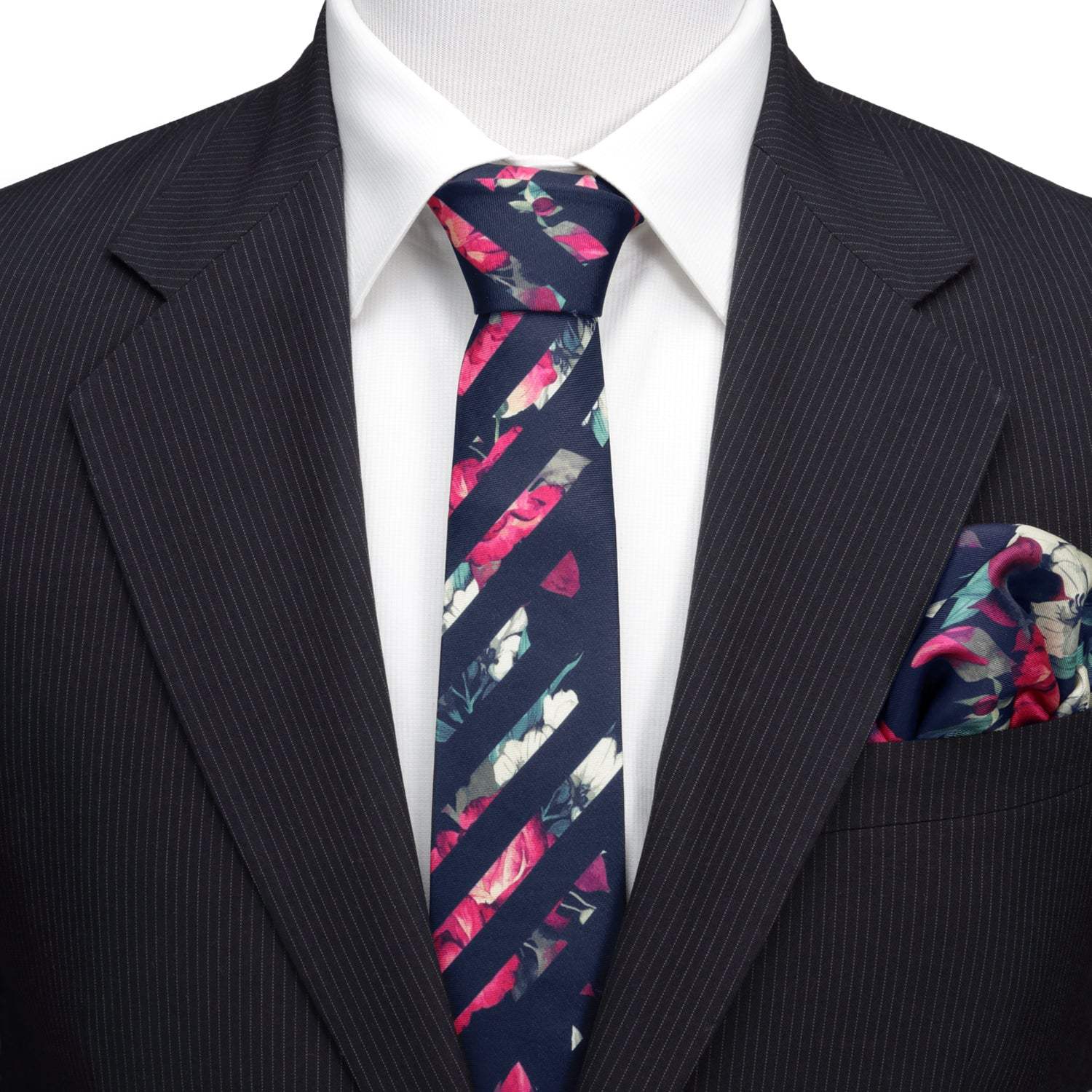 Painted Floral Navy Stripe Silk Men's Tie - Cufflinks.com - Flyclothing LLC