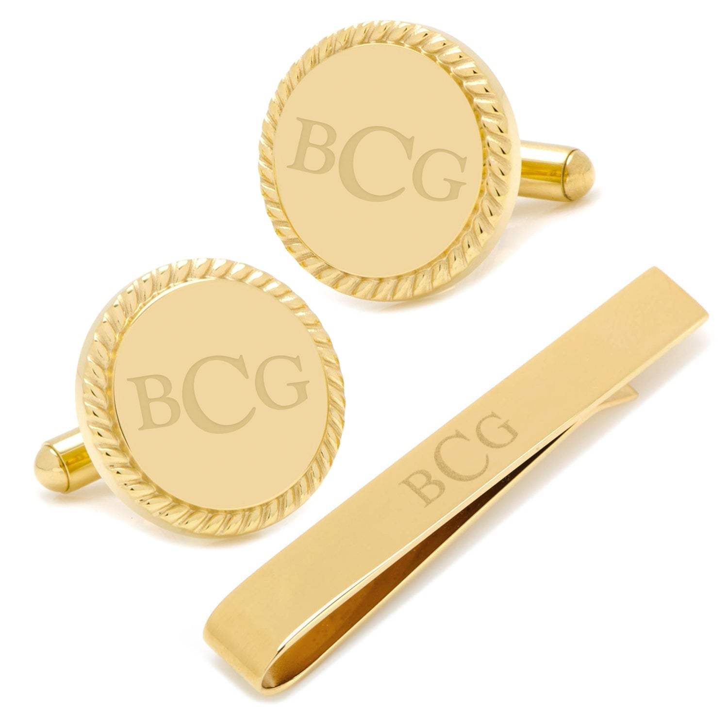 Engravable Gold Plated Rope Border Round Cufflinks and Tie Bar Gift Set - Cufflinks.com - Flyclothing LLC