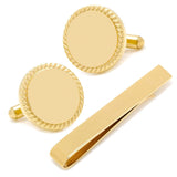 Engravable Gold Plated Rope Border Round Cufflinks and Tie Bar Gift Set - Cufflinks.com - Flyclothing LLC