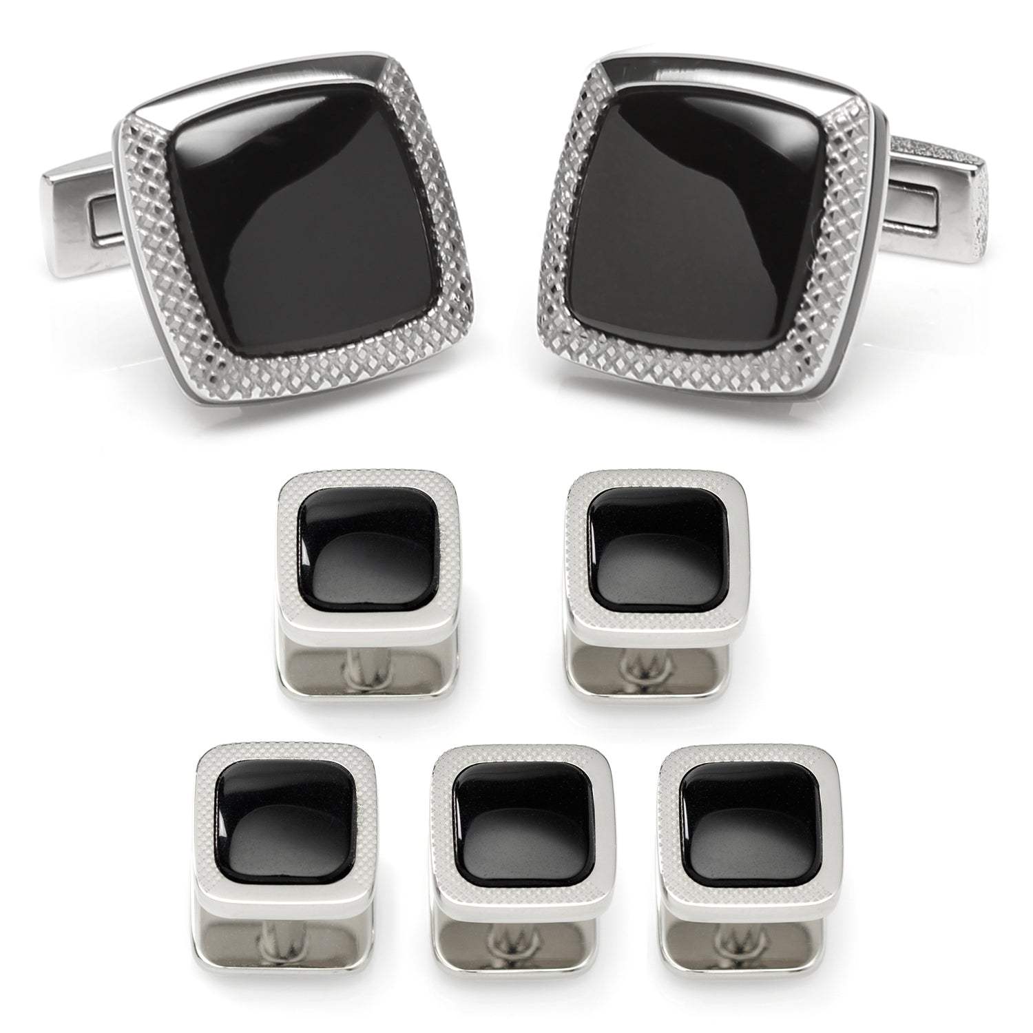Onyx Cushion Stainless Steel 5-Stud Set - Cufflinks.com - Flyclothing LLC