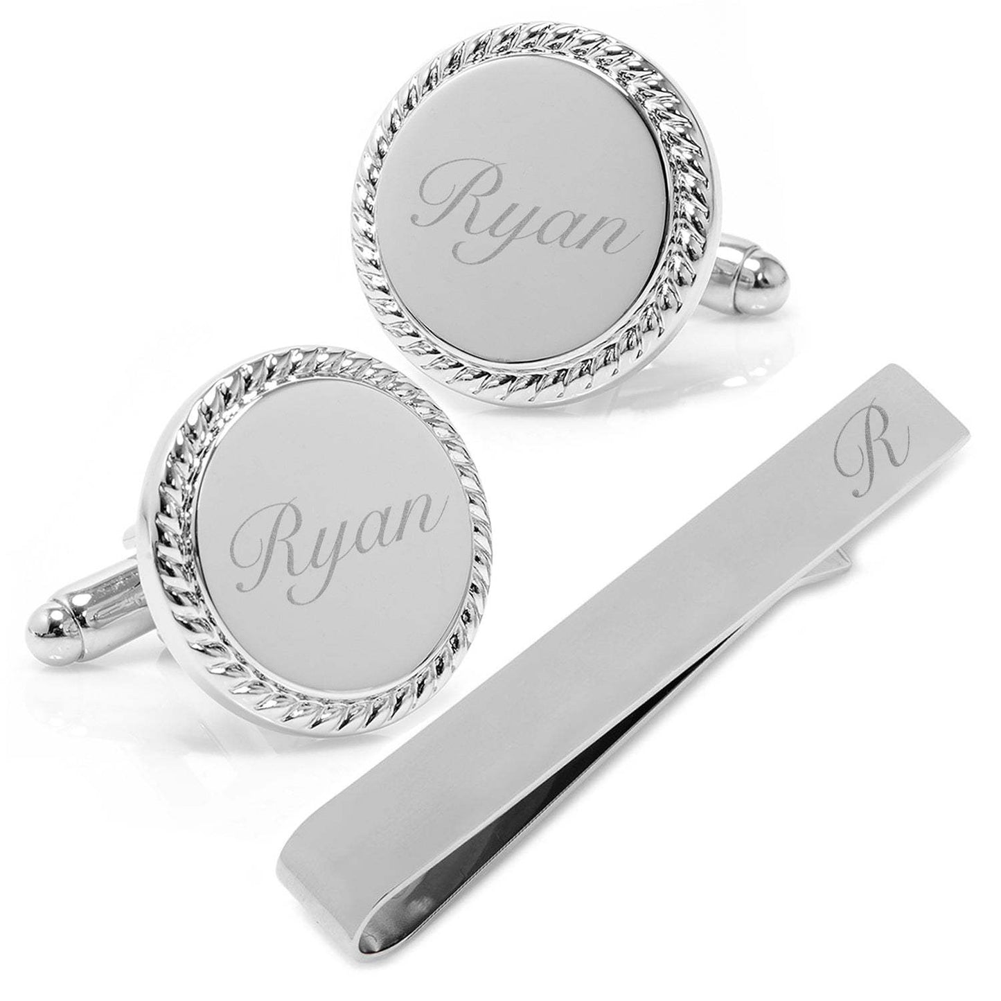 Engravable Rope Border Round Cufflinks and Tie Bar Gift Set - Cufflinks.com - Flyclothing LLC