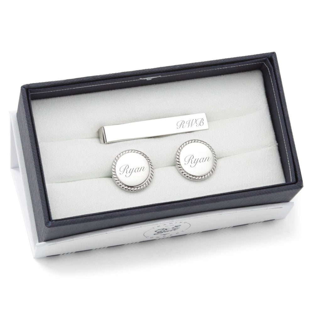 Engravable Rope Border Round Cufflinks and Tie Bar Gift Set - Cufflinks.com - Flyclothing LLC