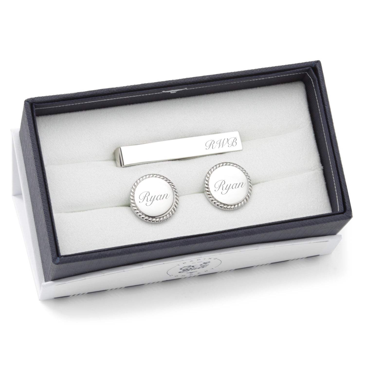 Engravable Rope Border Round Cufflinks and Tie Bar Gift Set - Cufflinks.com - Flyclothing LLC