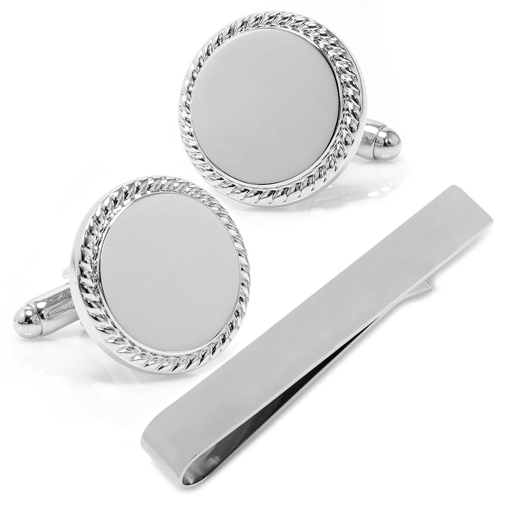 Engravable Rope Border Round Cufflinks and Tie Bar Gift Set - Cufflinks.com - Flyclothing LLC