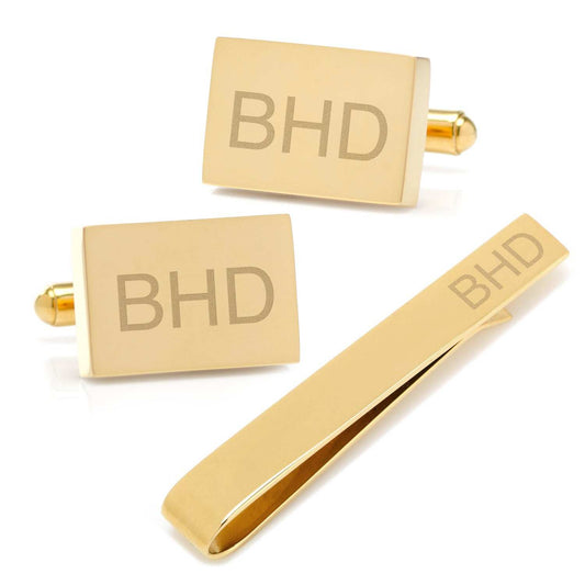 Engravable Rectangle Gold Cufflinks and Tie Bar Gift Set - Cufflinks.com - Flyclothing LLC