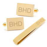 Engravable Rectangle Gold Cufflinks and Tie Bar Gift Set - Cufflinks.com - Flyclothing LLC