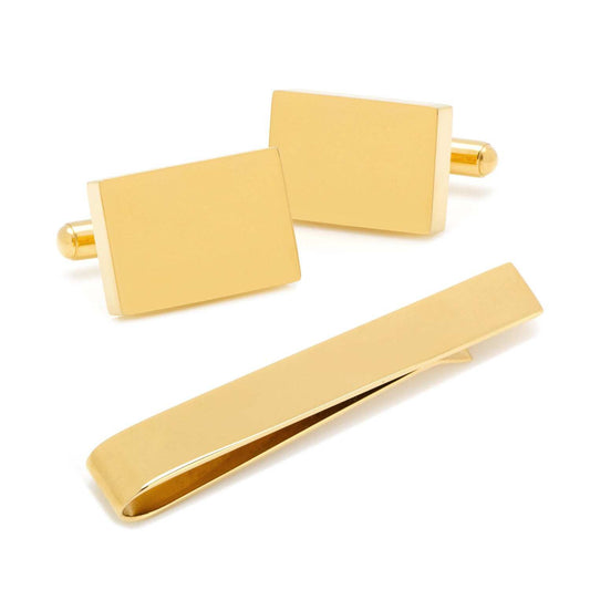 Engravable Rectangle Gold Cufflinks and Tie Bar Gift Set - Cufflinks.com - Flyclothing LLC