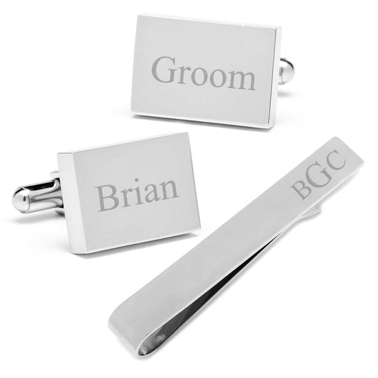 Engravable Rectangle Cufflinks and Tie Bar Gift Set - Cufflinks.com - Flyclothing LLC