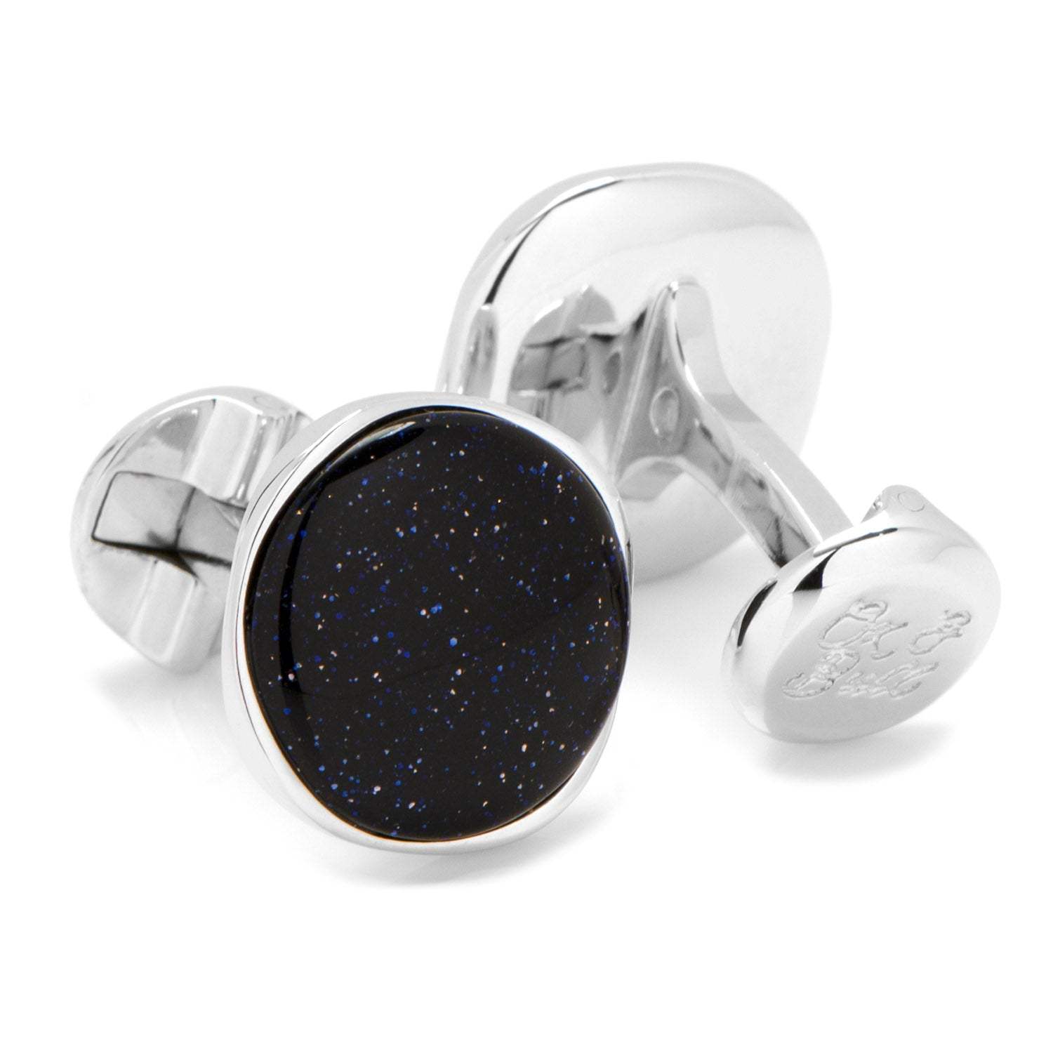 Sterling Silver Classic Round Blue Goldstone Cufflinks - Cufflinks.com - Flyclothing LLC