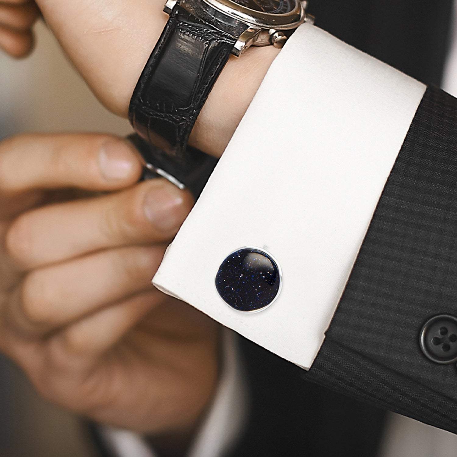 Sterling Silver Classic Round Blue Goldstone Cufflinks - Cufflinks.com - Flyclothing LLC