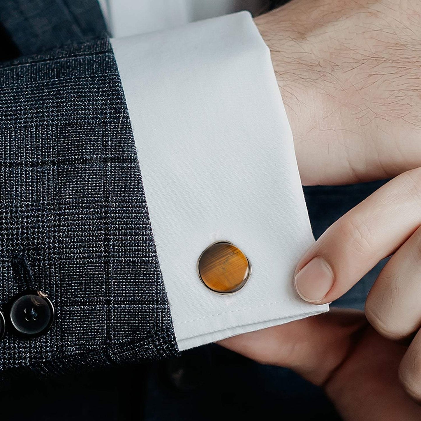Sterling Silver Formal Tigers Eye Gunmetal Cufflinks - Cufflinks.com - Flyclothing LLC