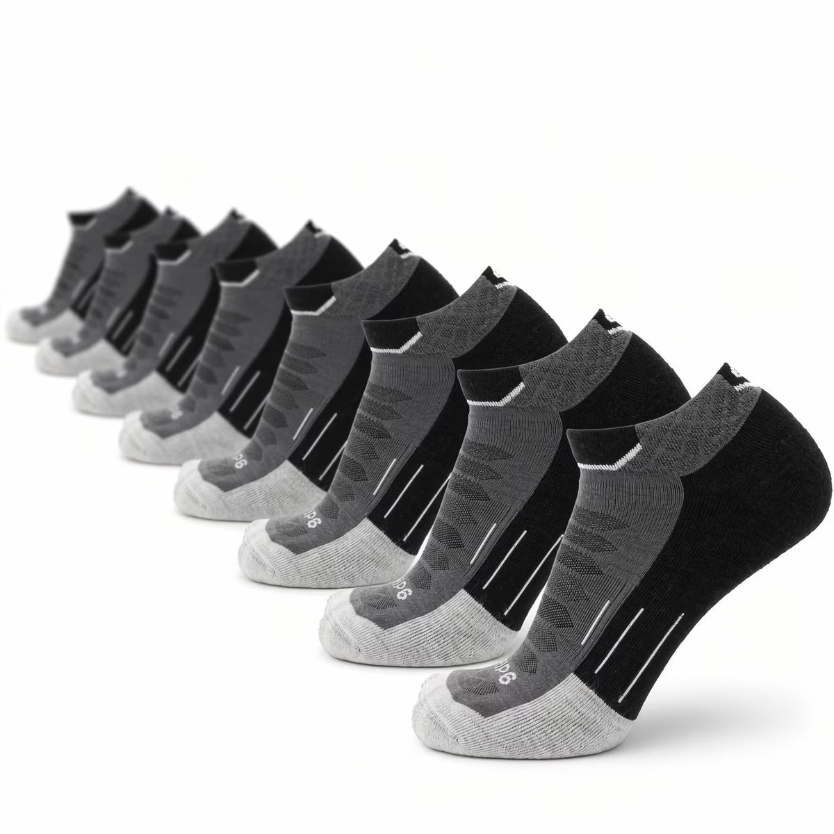 8 Pairs Obsidian - Run Ankle Midweight Merino Wool Sock - GRIP6 - Flyclothing LLC