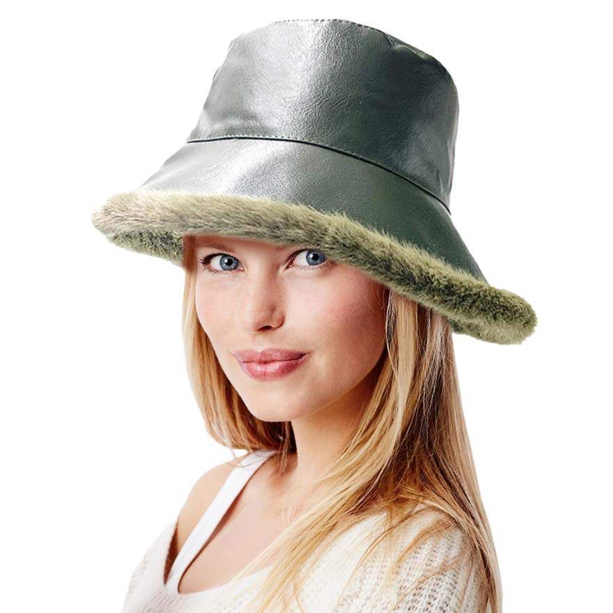 Faux Fur Inside Brim Solid Bucket Hat - Madeline Love - Flyclothing LLC