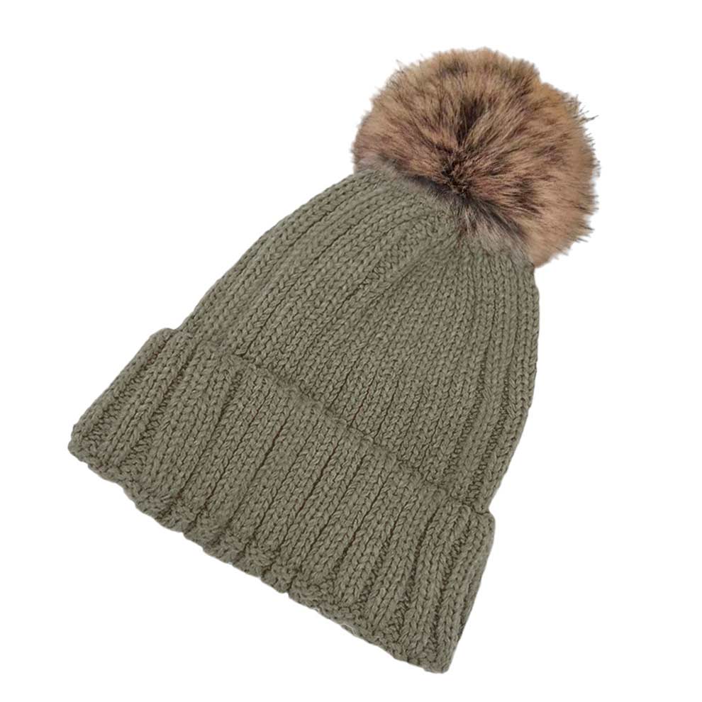 Solid Knit Faux Fur Pom Pom Beanie Hat - Madeline Love - Flyclothing LLC