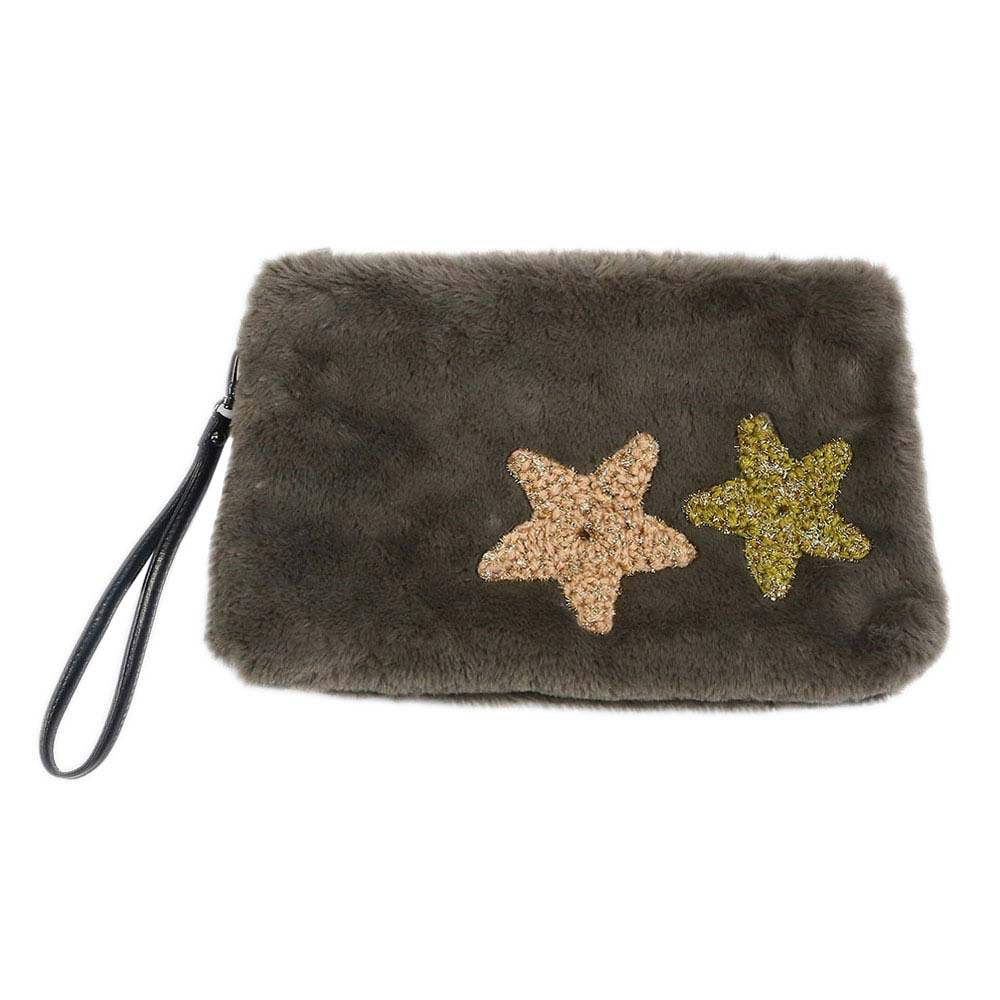 Star Patches Fuzzy Faux Fur Wristlet Clutch Bag - Madeline Love - Flyclothing LLC
