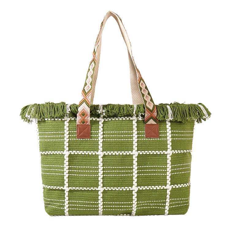 Top Fringe Pointed Check Patterned Tote Bag - Madeline Love - Flyclothing LLC