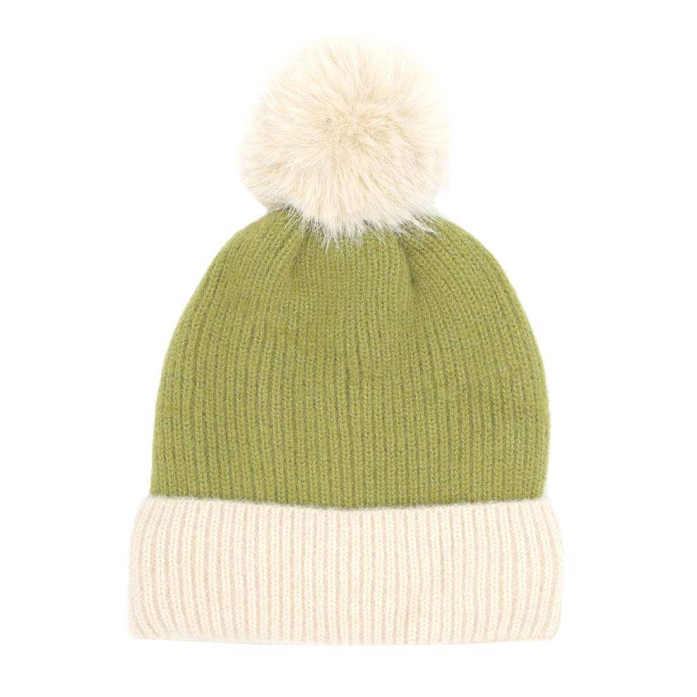 Two Tone Knit Pom Pom Beanie Hat - Madeline Love - Flyclothing LLC