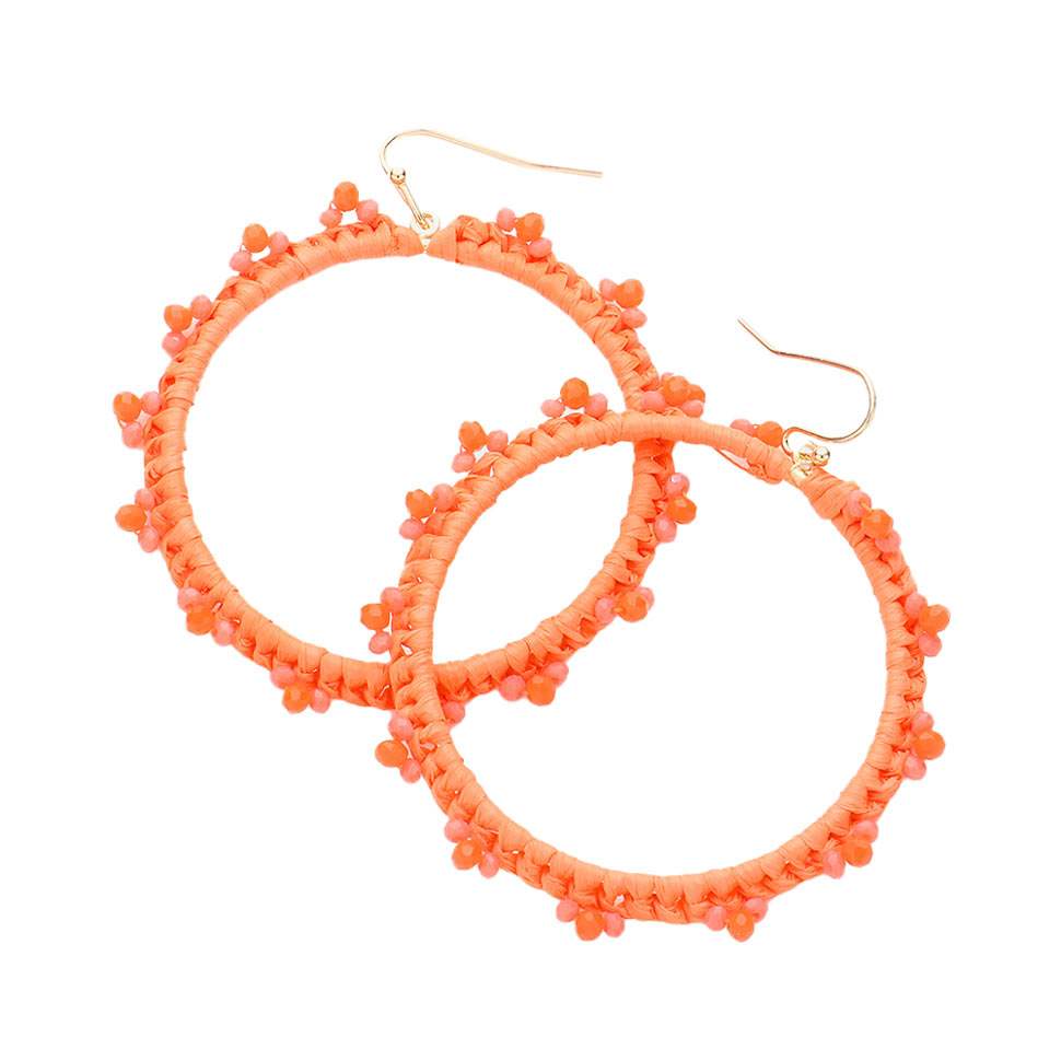 Beaded Pointed Raffia Wrapped Open Circle Dangle Earrings - Madeline Love - Flyclothing LLC