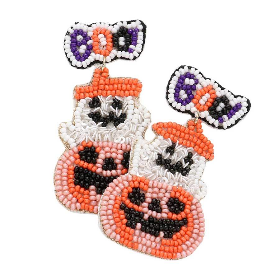 Boo Message Felt Back Sequin Beaded Ghost Pumpkin Earrings - Madeline Love - Flyclothing LLC