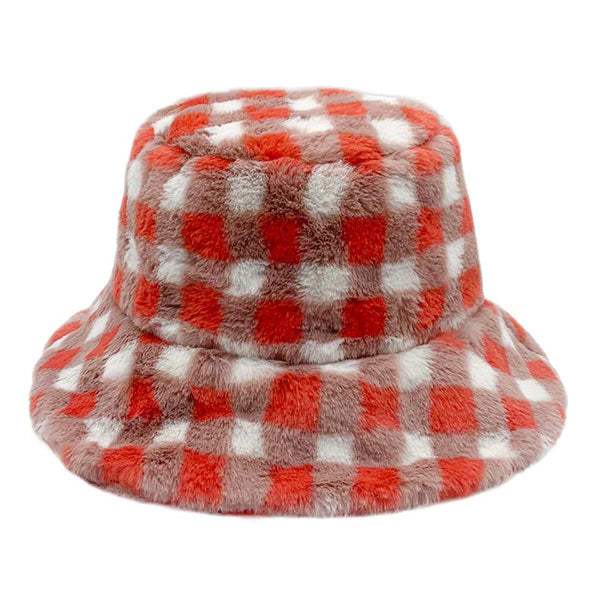 Checkered Faux Fur Bucket Hat - Madeline Love - Flyclothing LLC