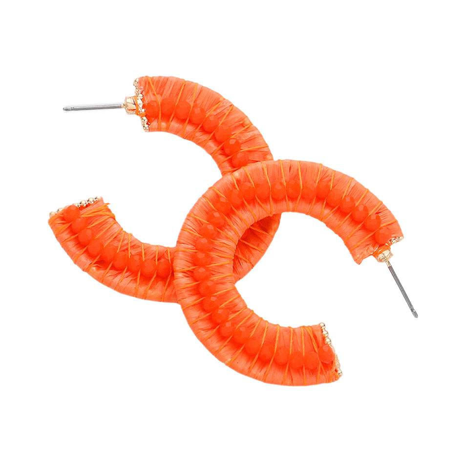 Faceted Bead Embellished Raffia Wrapped Hoop Earrings - Madeline Love - Flyclothing LLC