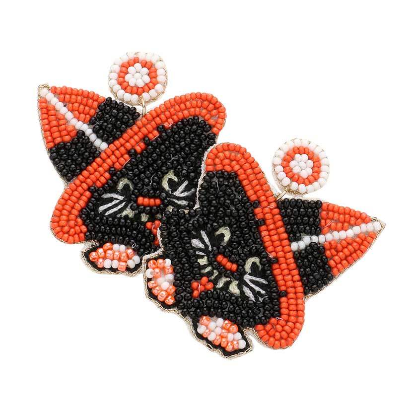 Felt Back Beaded Witch Hat Cat Dangle Earrings - Madeline Love - Flyclothing LLC