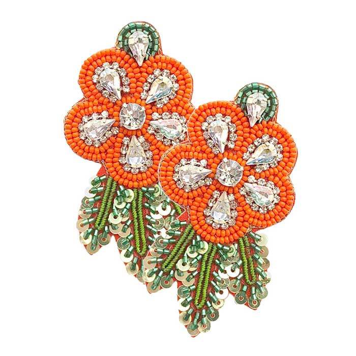 Felt Back Sequin Stone Seed Beaded Flower Leaf Earrings - Madeline Love - Flyclothing LLC
