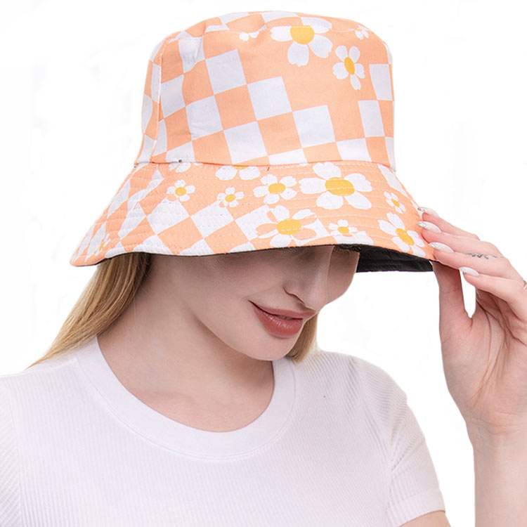 Flower Pointed Checkerboard Patterned Bucket Hat - Madeline Love - Flyclothing LLC