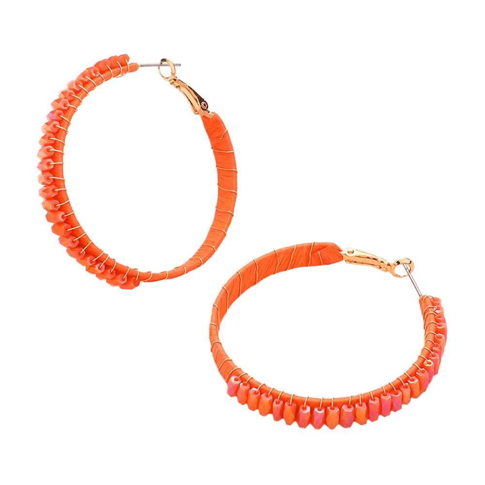 Rectangle Bead Trimmed Raffia Wrapped Hoop Earrings - Madeline Love - Flyclothing LLC