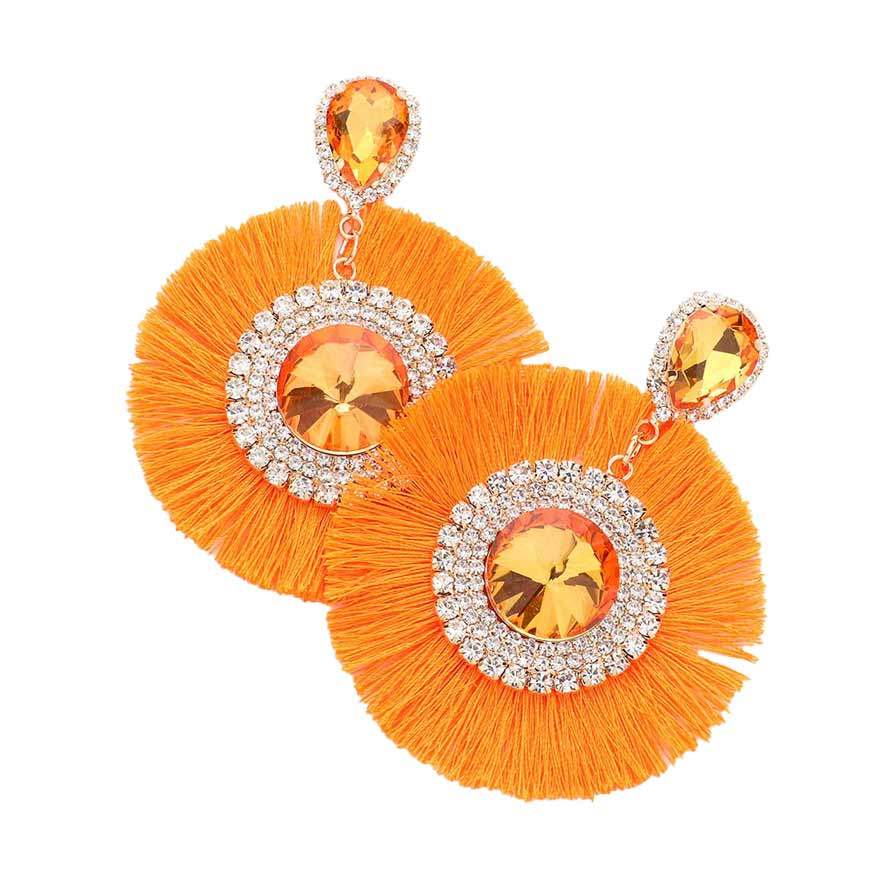 Teardrop Round Stone Accented Tassel Fringe Dangle Earrings - Madeline Love - Flyclothing LLC