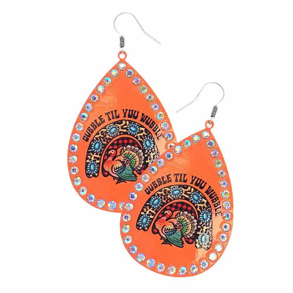 Thanksgiving Turkey Printed Teardrop Metal Dangle Earrings - Madeline Love - Flyclothing LLC